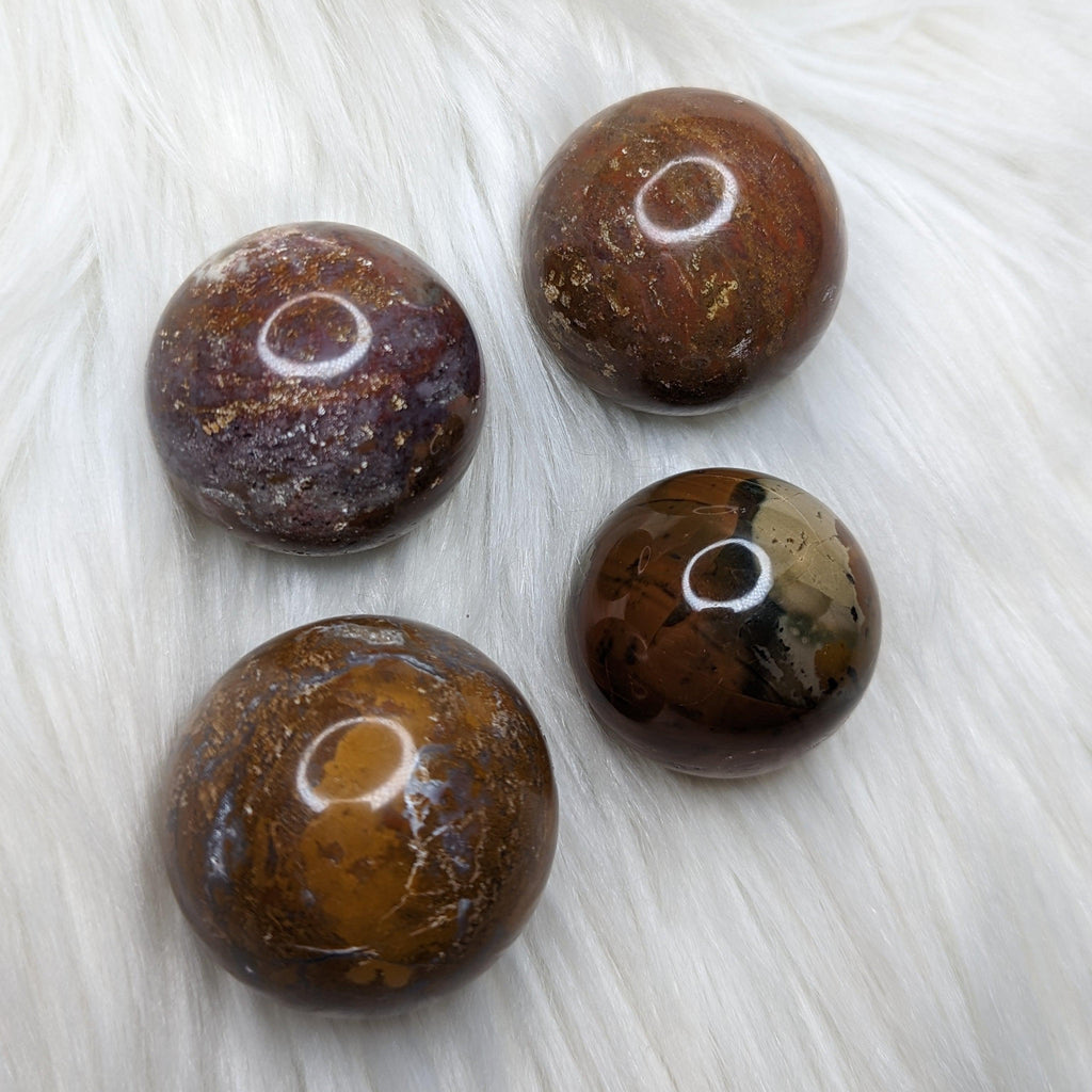 Unique, Small Red Moss Agate Sphere Carving - Earth Family Crystals