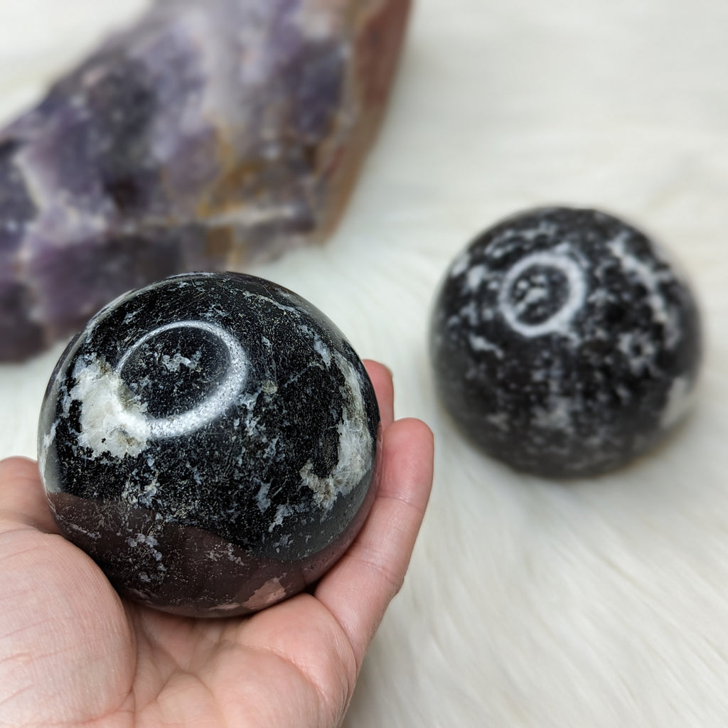 Black Tourmaline with Quartz Sphere Carving ~ Large - Earth Family Crystals