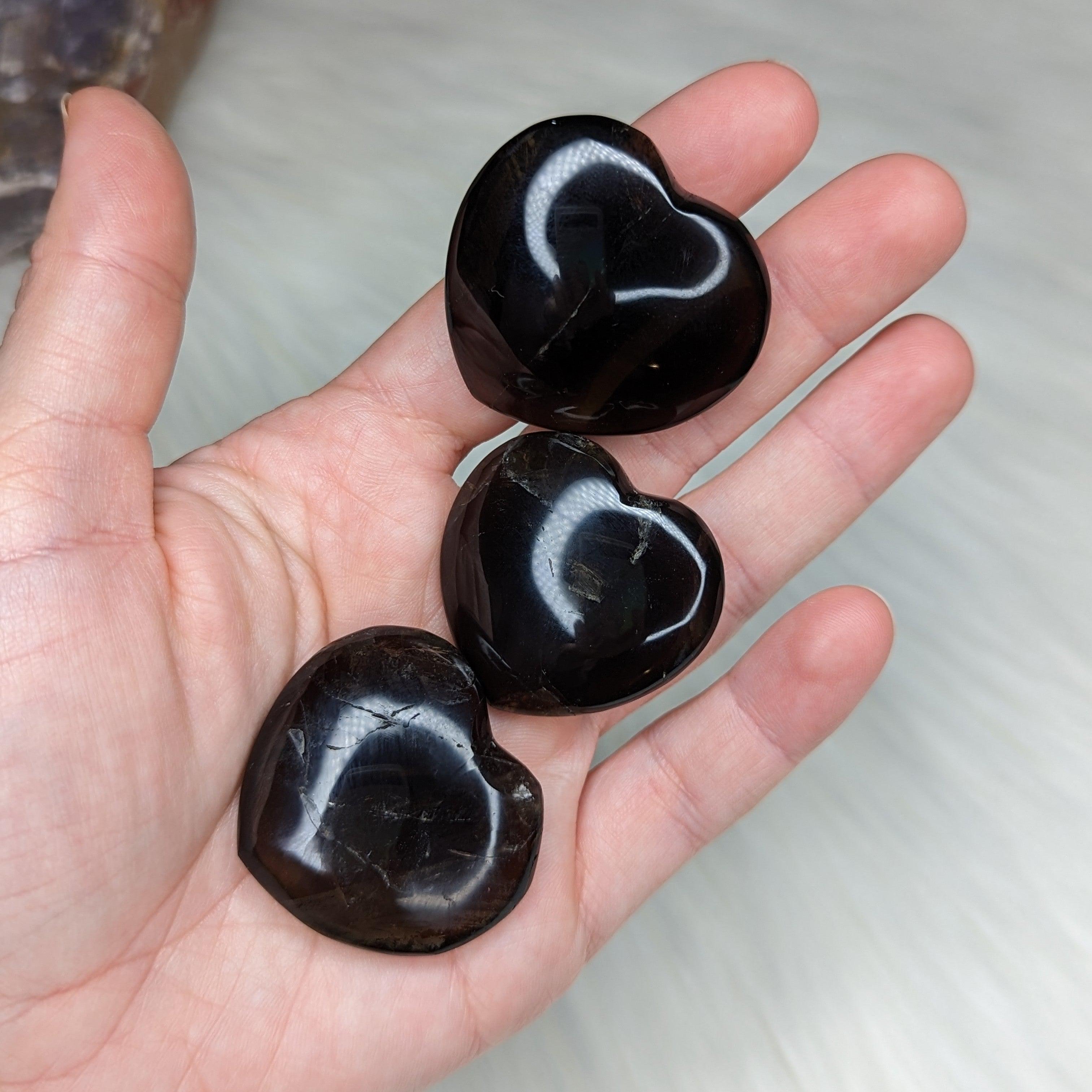 One Unique, Dark Smoky Quartz - Heart Carved Palm Stone ~ Adorable and Grounding ~ - Earth Family Crystals