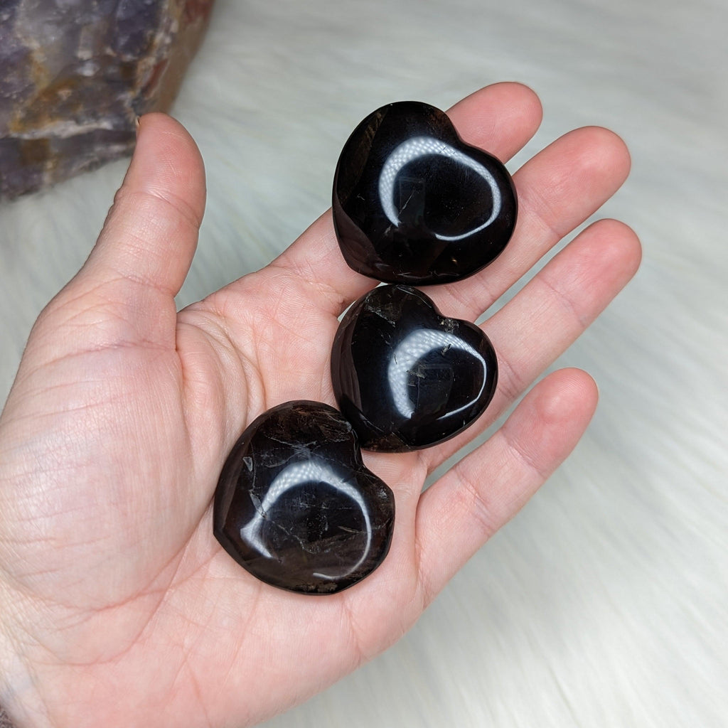 One Unique, Dark Smoky Quartz - Heart Carved Palm Stone ~ Adorable and Grounding ~ - Earth Family Crystals