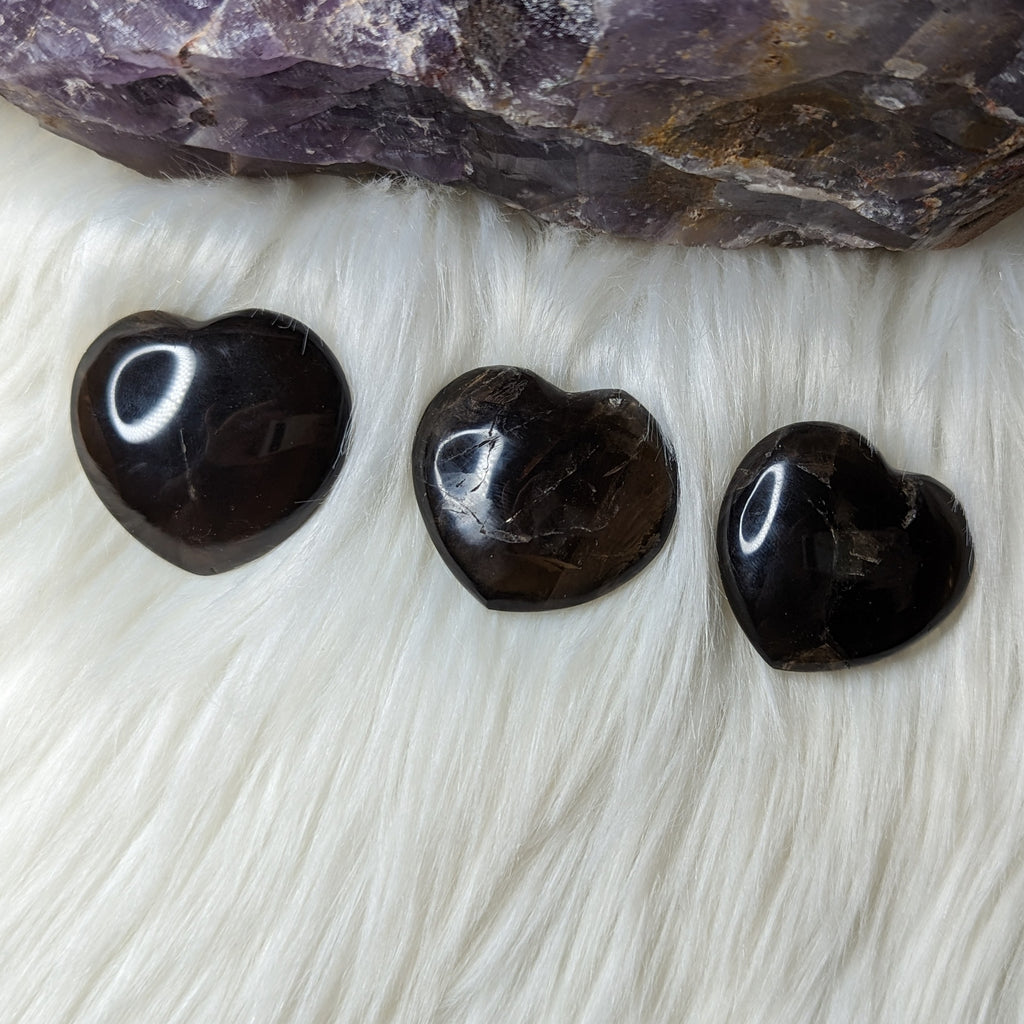 One Unique, Dark Smoky Quartz - Heart Carved Palm Stone ~ Adorable and Grounding ~ - Earth Family Crystals