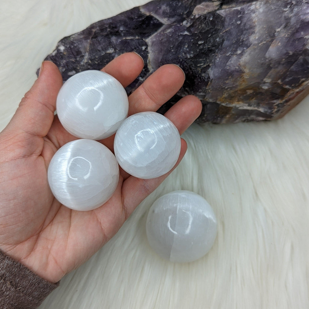 Beautiful Glowing White Selenite Sphere Carvings ~ Small Sphere - Earth Family Crystals