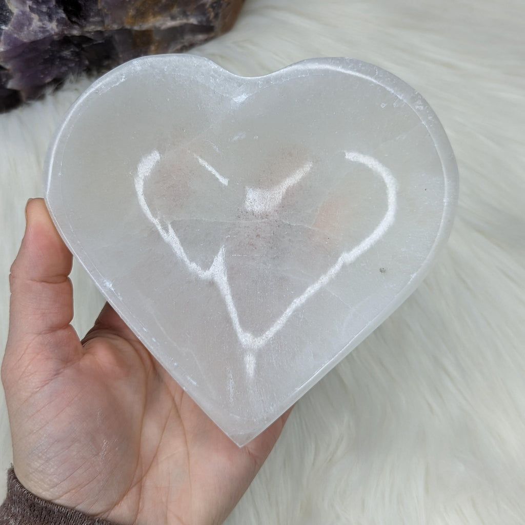 Selenite Heart Bowl~ Trinket Tray Carving for Charging Crystals ~ - Earth Family Crystals