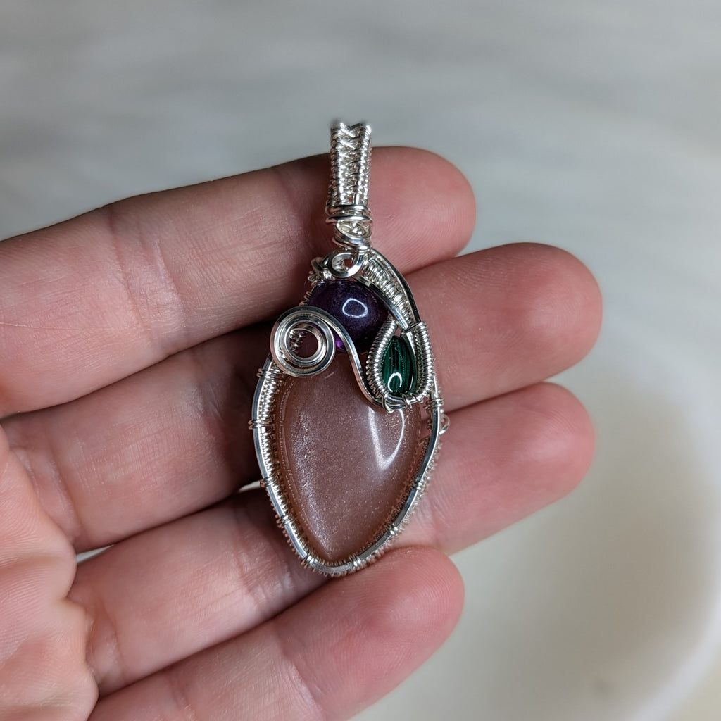 Wire Wrapped Pendant~  Peach Moonstone with Amethyst and Malachite - Earth Family Crystals
