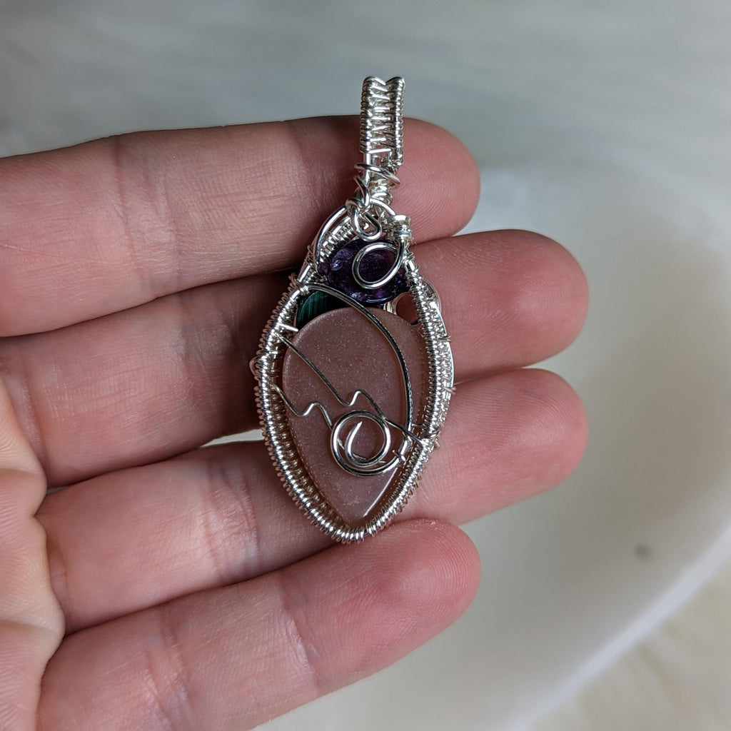 Wire Wrapped Pendant~  Peach Moonstone with Amethyst and Malachite - Earth Family Crystals