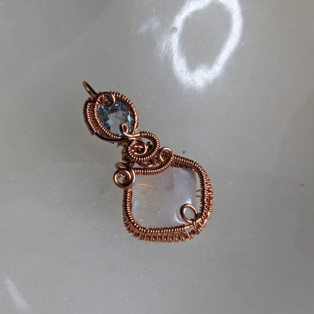 Stunning Copper Wire Wrapped Pendant ~ Moonstone and Blue Topaz - Earth Family Crystals