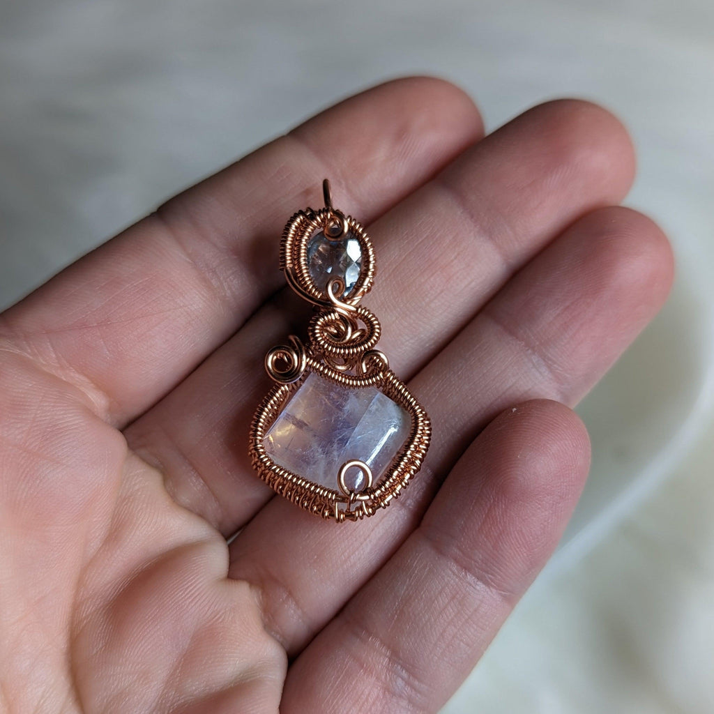 Stunning Copper Wire Wrapped Pendant ~ Moonstone and Blue Topaz - Earth Family Crystals