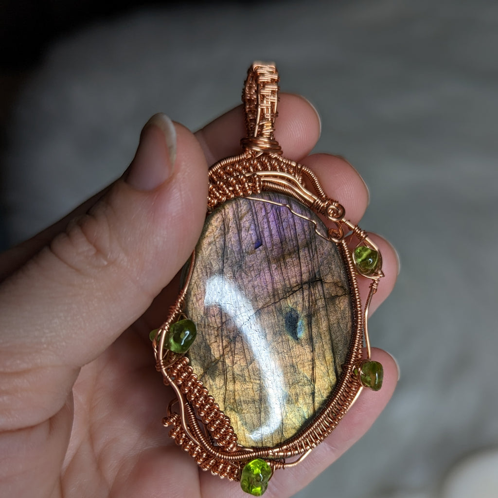 Exquisite Copper Wire Wrapped Large FLASHY Labradorite Pendant with Peridot accents - Earth Family Crystals