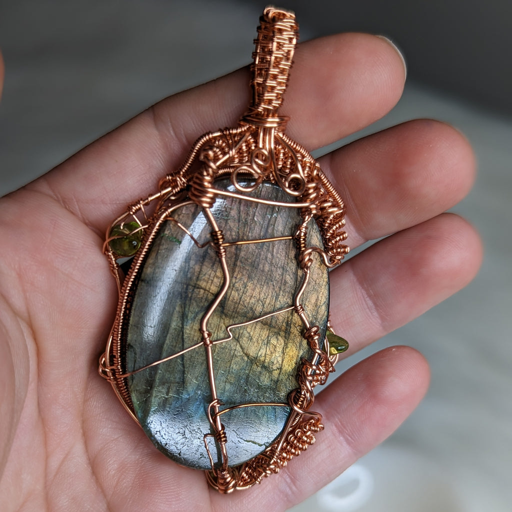 Exquisite Copper Wire Wrapped Large FLASHY Labradorite Pendant with Peridot accents - Earth Family Crystals