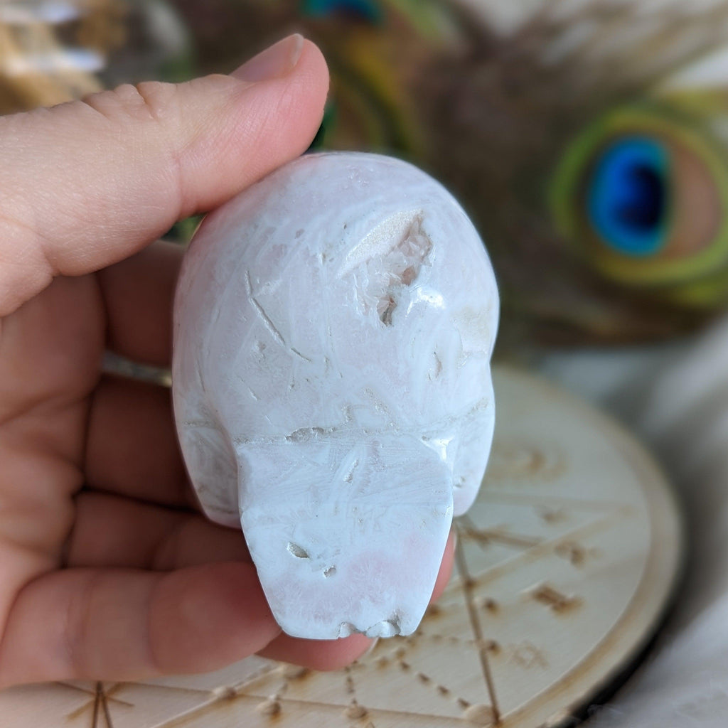 Pink Mangano Calcite Skull Carving with Druzy ~ Resonates with the Heart Frequency - Earth Family Crystals