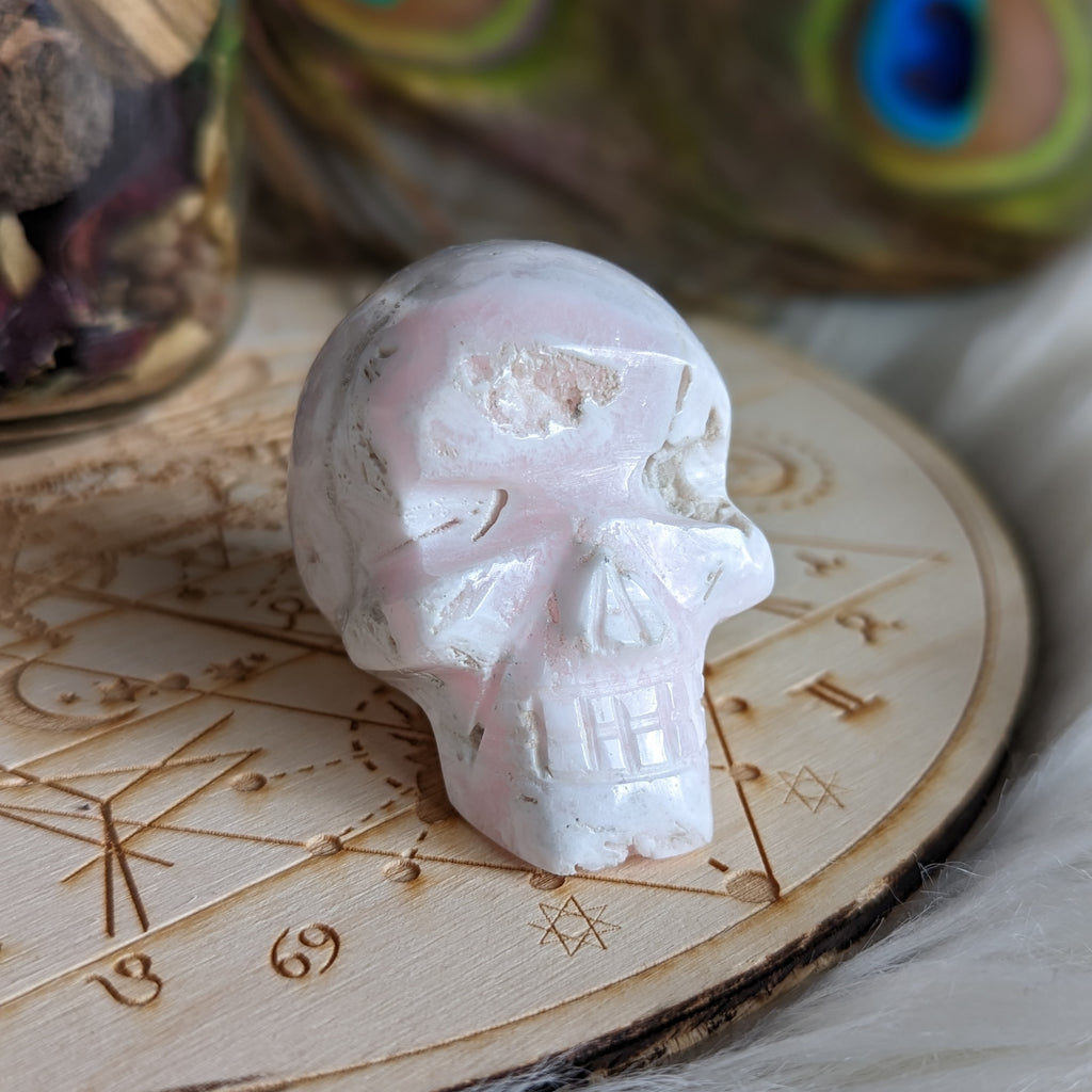 Pink Mangano Calcite Skull Carving with Druzy ~ Resonates with the Heart Frequency - Earth Family Crystals