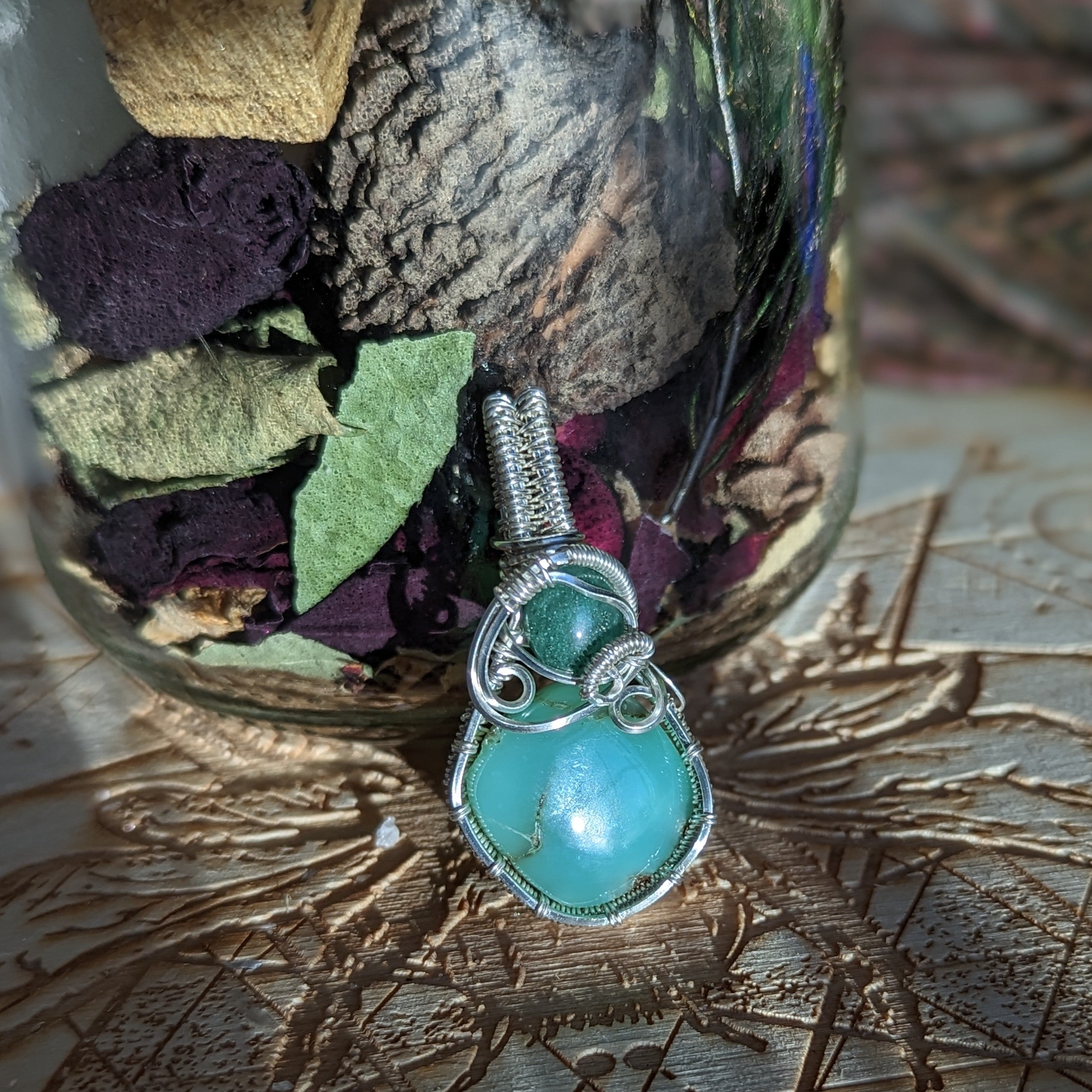 Wire Wrapped Pendant~ Chrysoprase with Aventurine~ Silver Chain Included - Earth Family Crystals