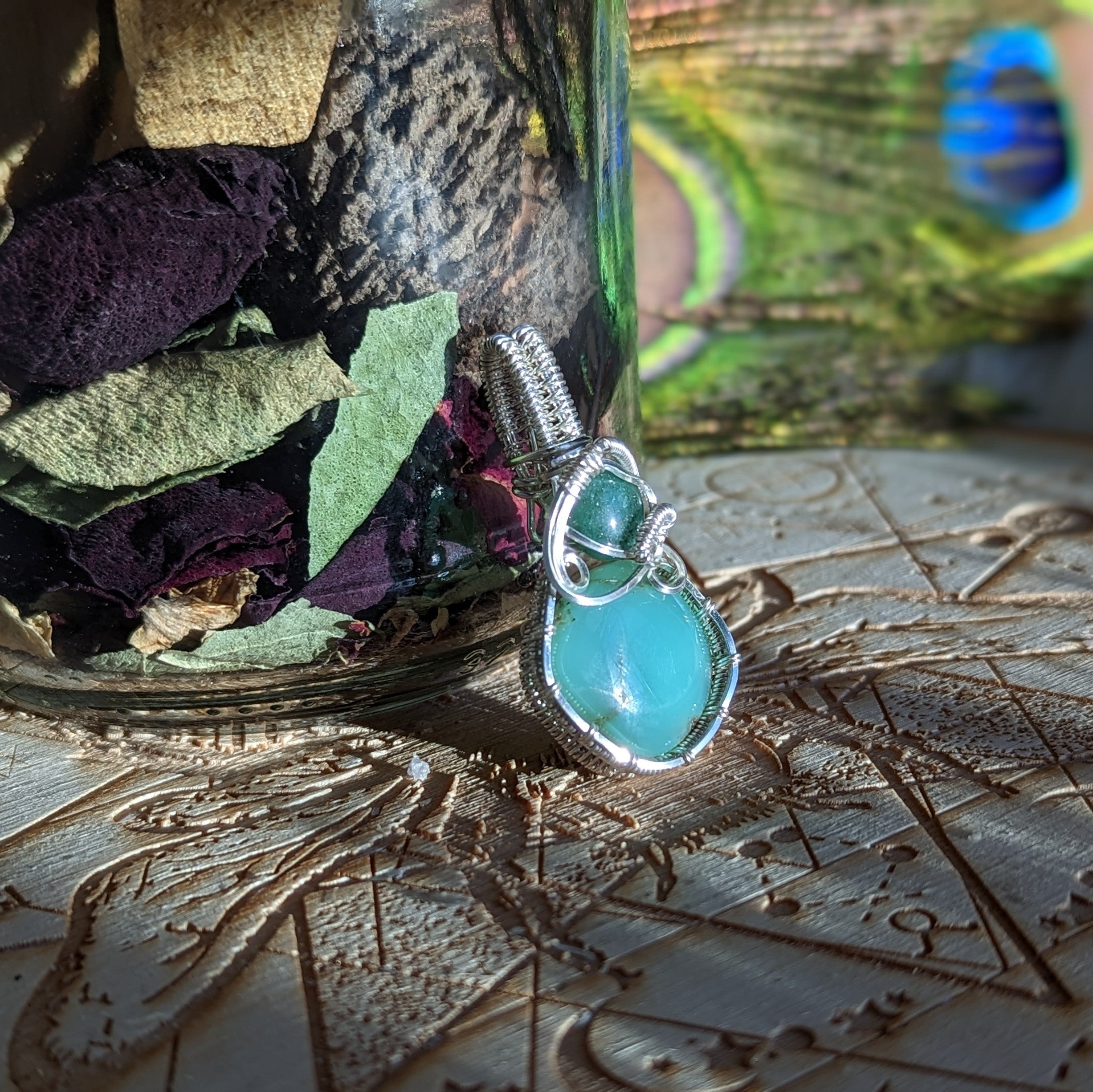 Wire Wrapped Pendant~ Chrysoprase with Aventurine~ Silver Chain Included - Earth Family Crystals