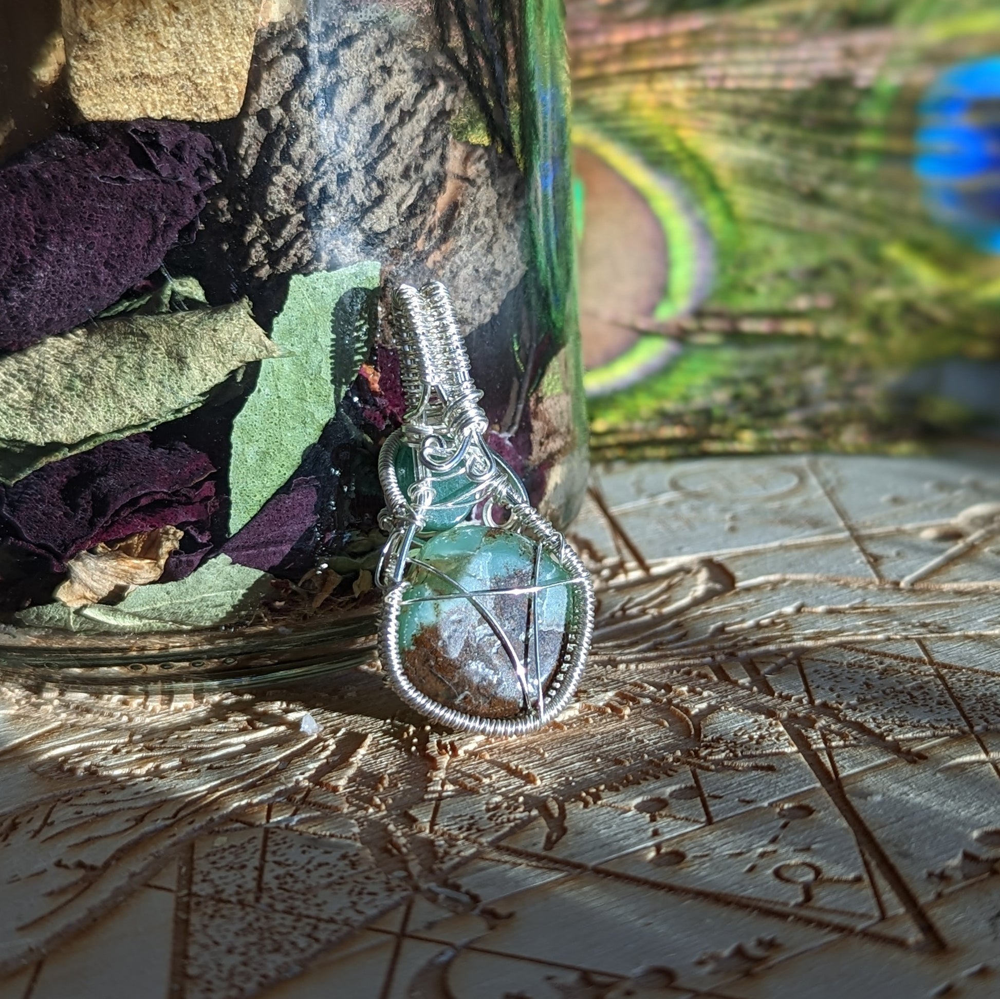 Wire Wrapped Pendant~ Chrysoprase with Aventurine~ Silver Chain Included - Earth Family Crystals