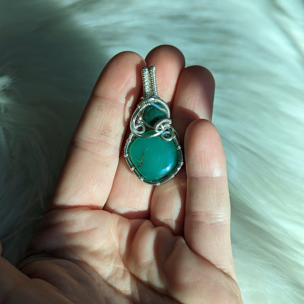 Wire Wrapped Pendant~ Chrysoprase with Aventurine~ Silver Chain Included - Earth Family Crystals