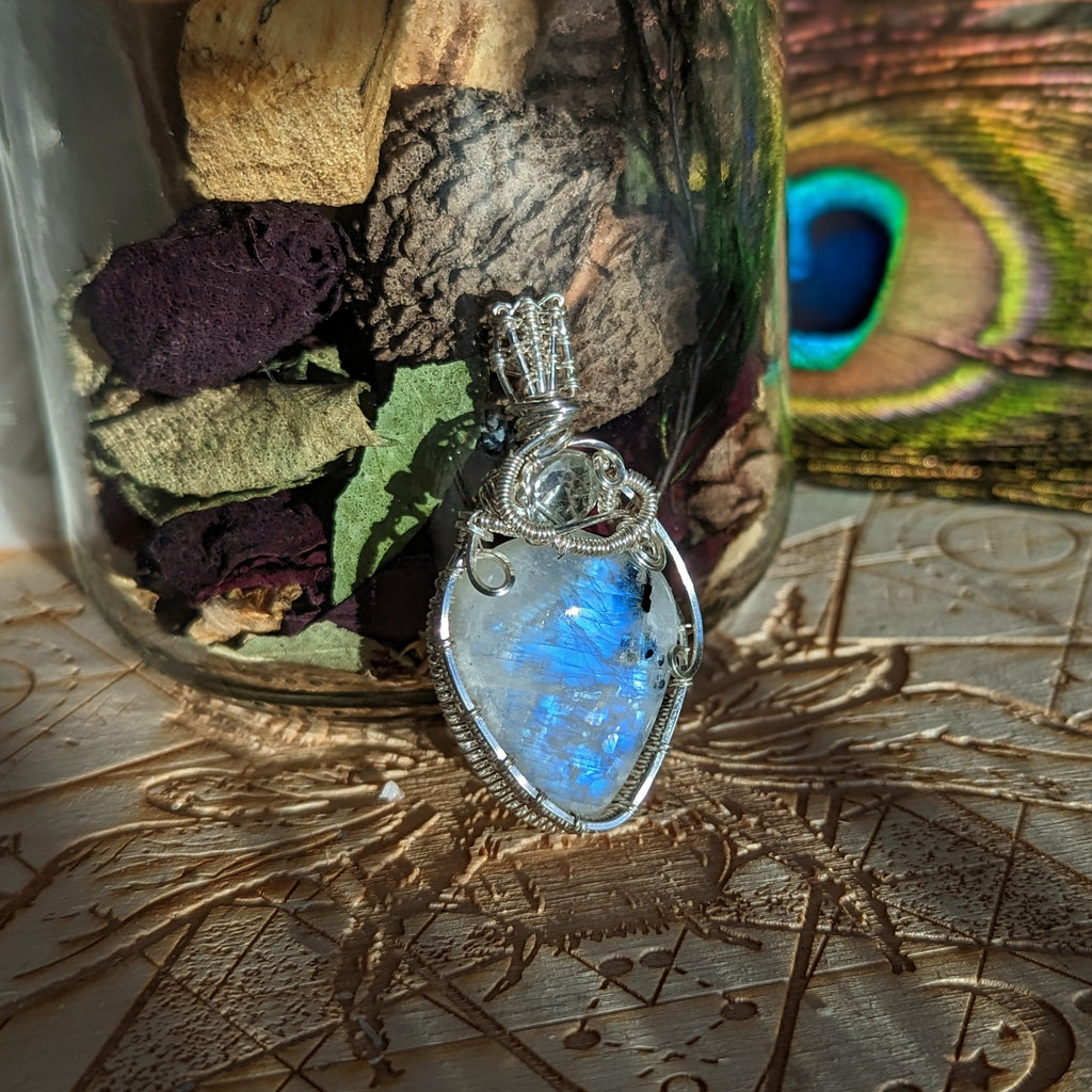 Wire Wrapped Pendant~ FLASHY Moonstone with Light Peridot accent~ Silver Chain Included - Earth Family Crystals