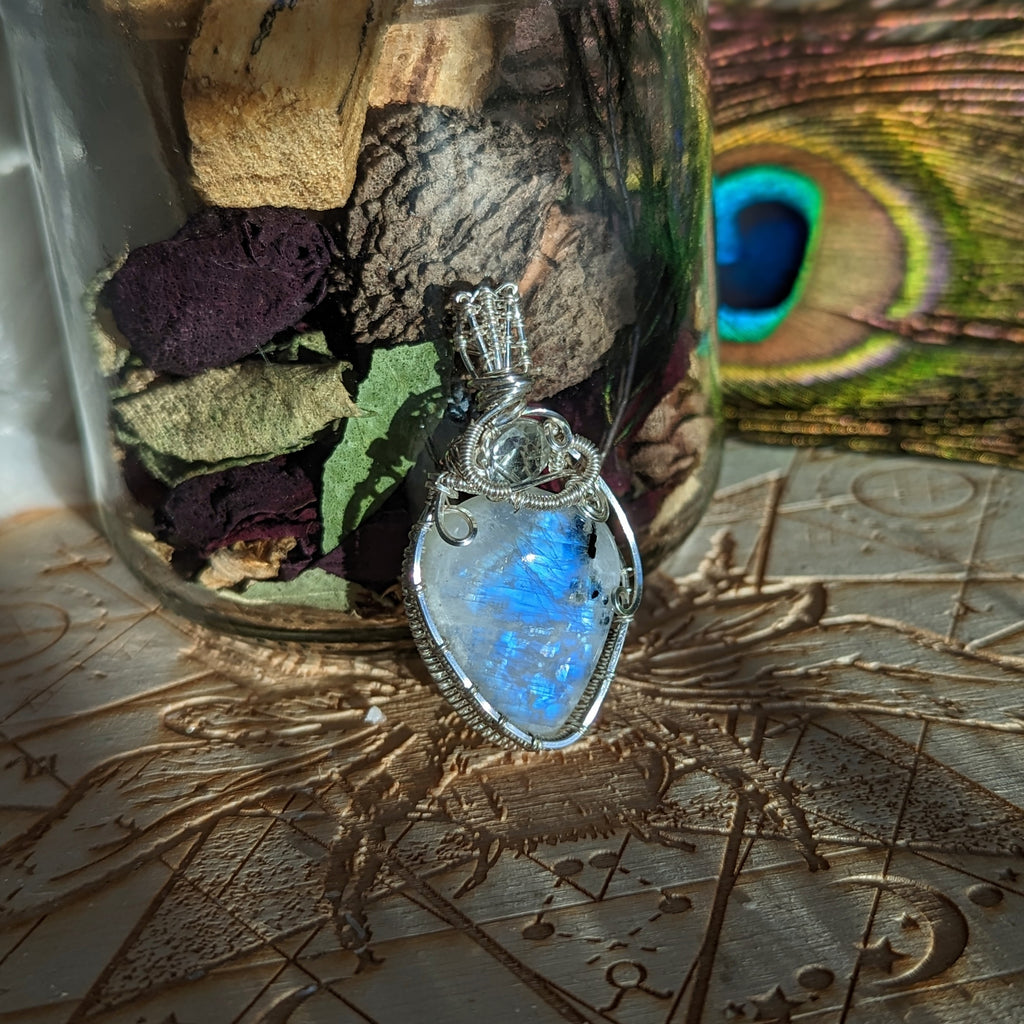 Wire Wrapped Pendant~ FLASHY Moonstone with Light Peridot accent~ Silver Chain Included - Earth Family Crystals