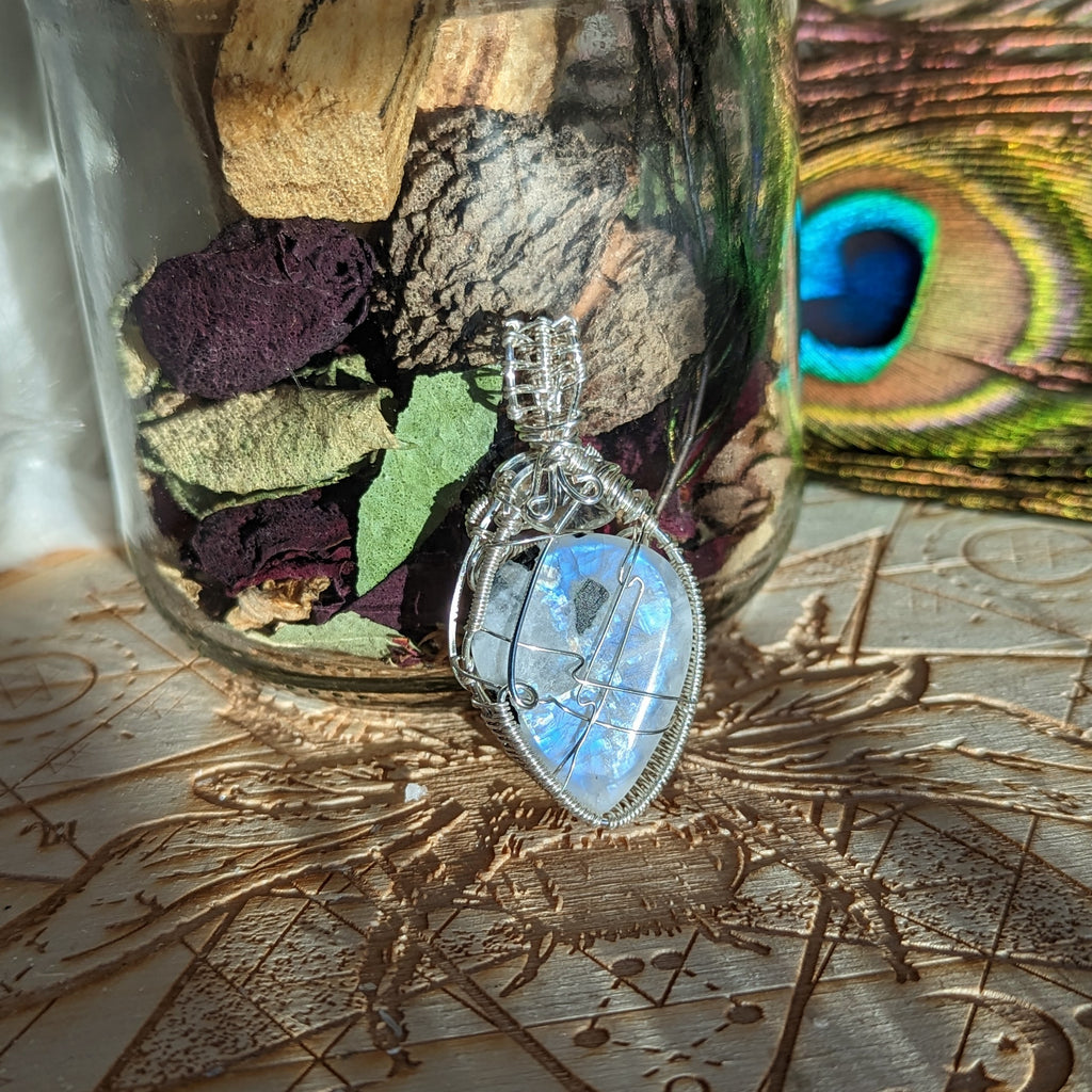 Wire Wrapped Pendant~ FLASHY Moonstone with Light Peridot accent~ Silver Chain Included - Earth Family Crystals