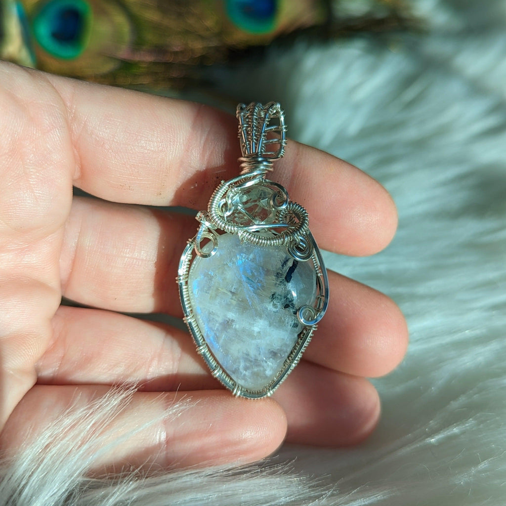 Wire Wrapped Pendant~ FLASHY Moonstone with Light Peridot accent~ Silver Chain Included - Earth Family Crystals