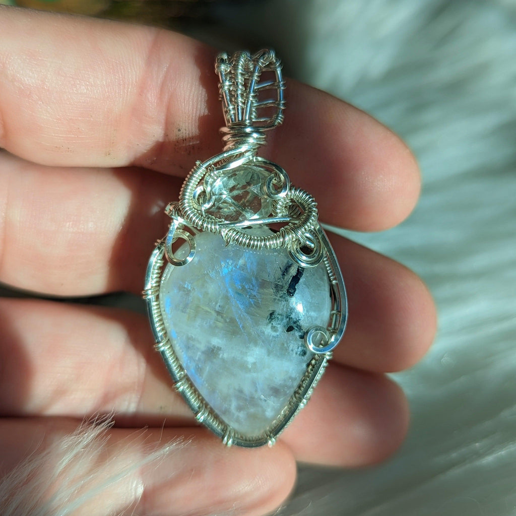 Wire Wrapped Pendant~ FLASHY Moonstone with Light Peridot accent~ Silver Chain Included - Earth Family Crystals