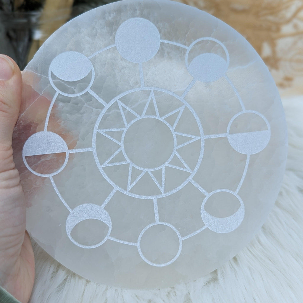 Moon Phase Engraved Selenite Charging Plate ~ Live by the Moon - Earth Family Crystals