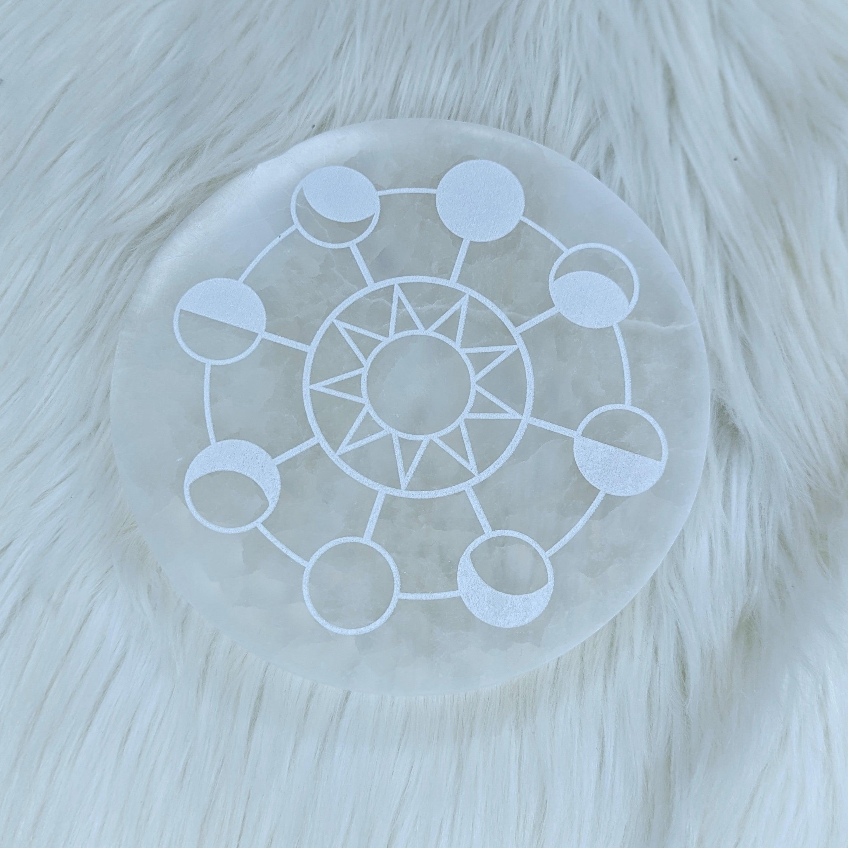 Moon Phase Engraved Selenite Charging Plate ~ Live by the Moon - Earth Family Crystals