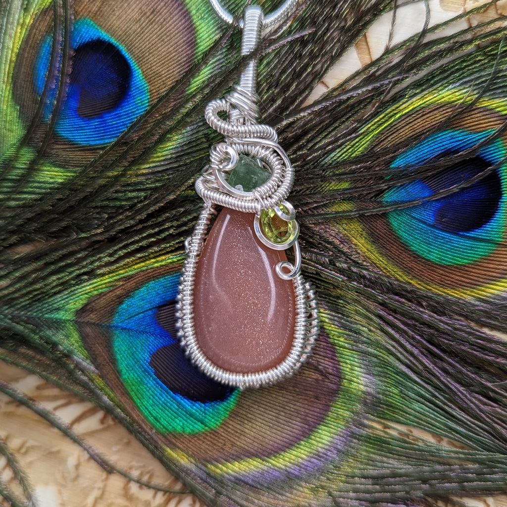 Gorgeous Wire Wrapped Pendant~ Peach Moonstone, Peridot and Green Tourmaline~ Silver Chain Included - Earth Family Crystals