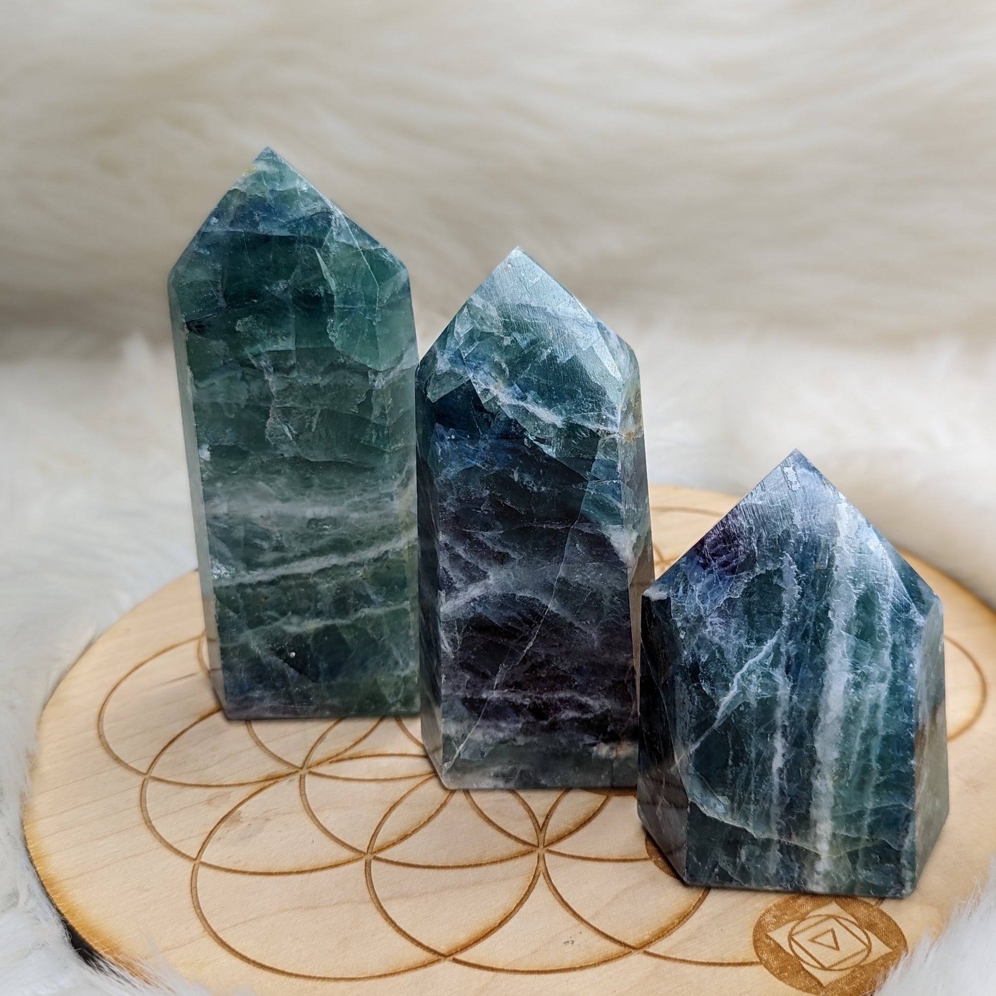 GORGEOUS Rainbow Flourite Obelisk Carving ~ Stunning Blues and Greens - Earth Family Crystals