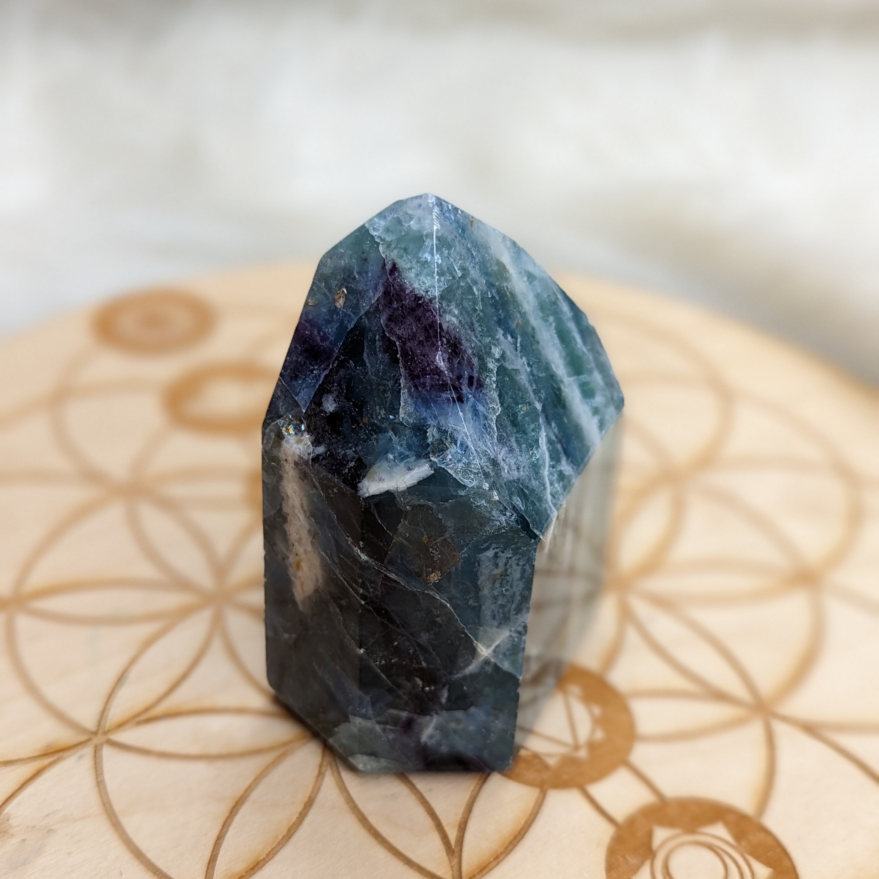 GORGEOUS Rainbow Flourite Obelisk Carving ~ Stunning Blues and Greens - Earth Family Crystals