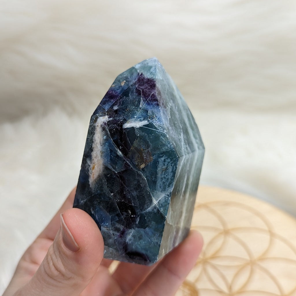 GORGEOUS Rainbow Flourite Obelisk Carving ~ Stunning Blues and Greens - Earth Family Crystals