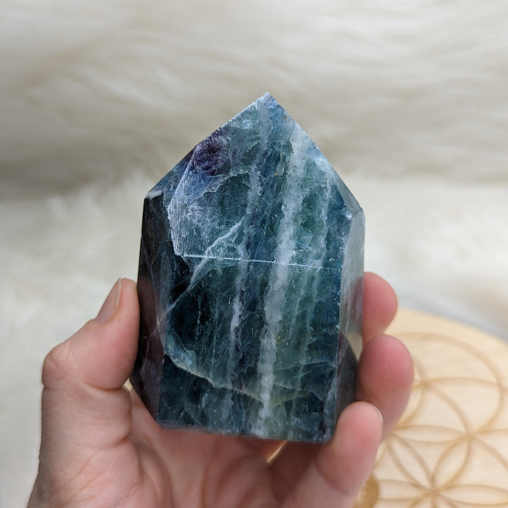 GORGEOUS Rainbow Flourite Obelisk Carving ~ Stunning Blues and Greens - Earth Family Crystals