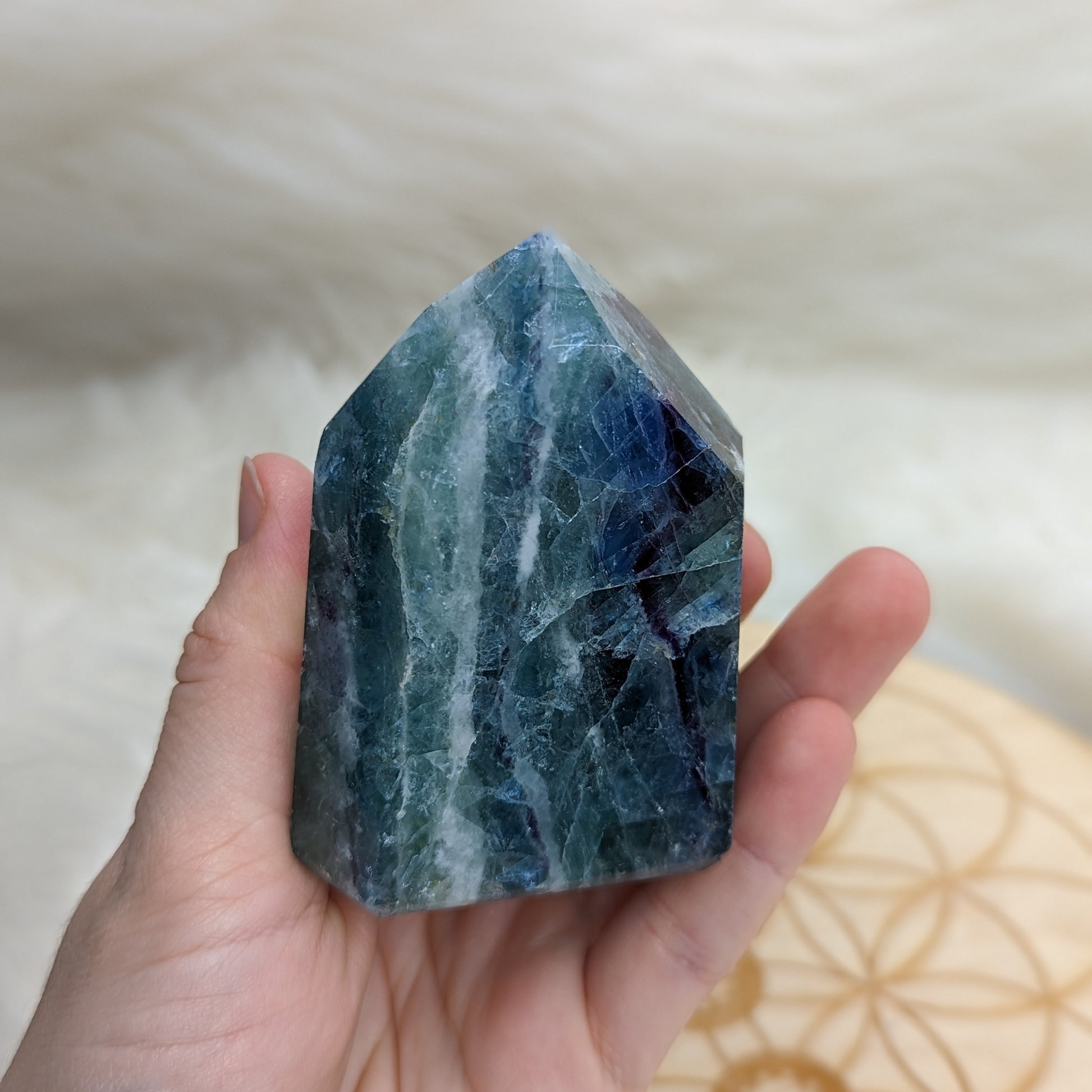 GORGEOUS Rainbow Flourite Obelisk Carving ~ Stunning Blues and Greens - Earth Family Crystals