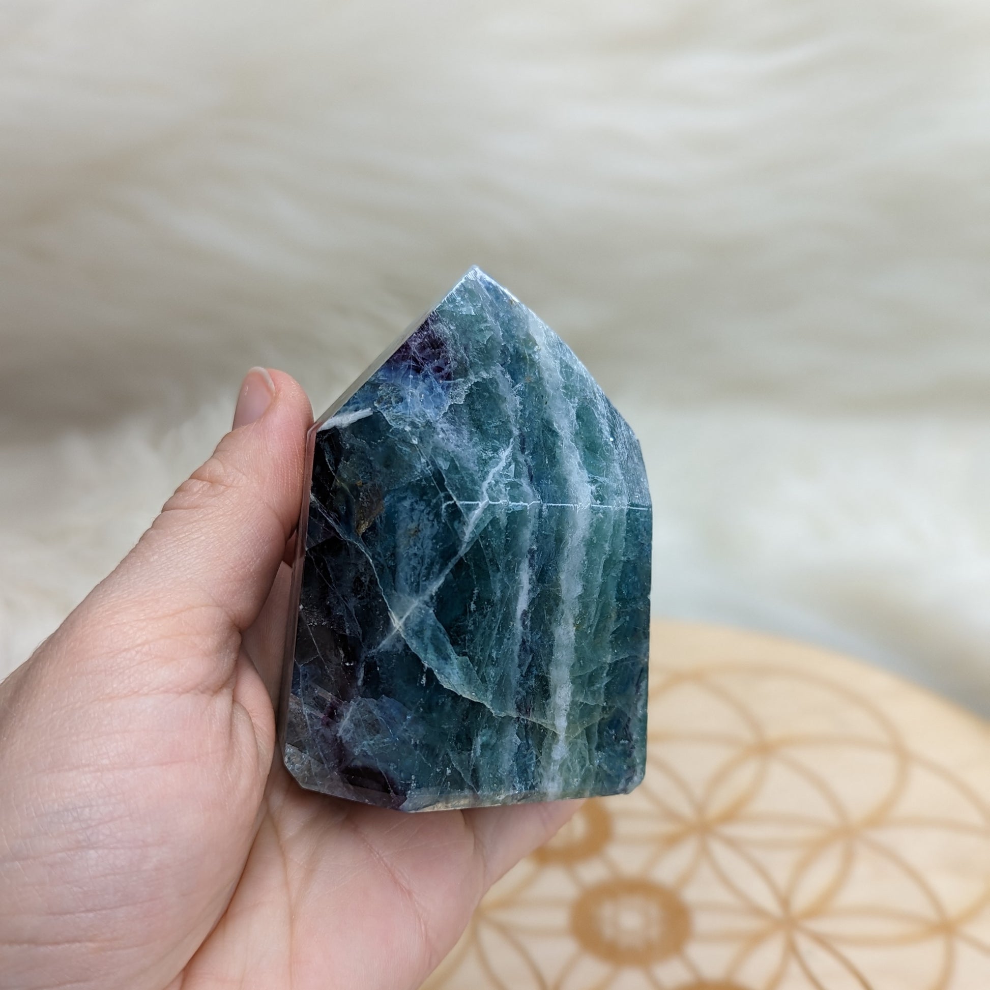 GORGEOUS Rainbow Flourite Obelisk Carving ~ Stunning Blues and Greens - Earth Family Crystals