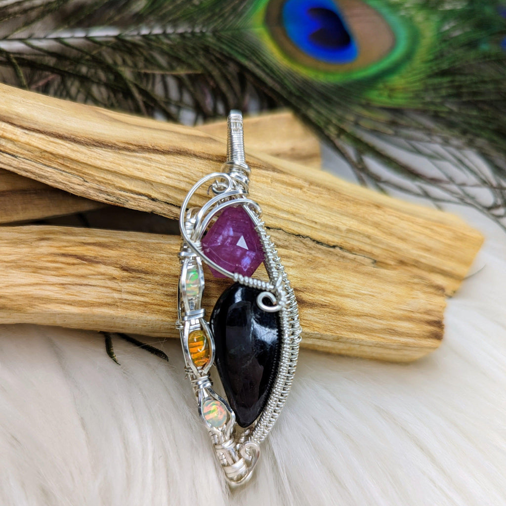 Purperite Wire Wrap with Ruby and Opal Accents ~ Silver Chain Included - Earth Family Crystals