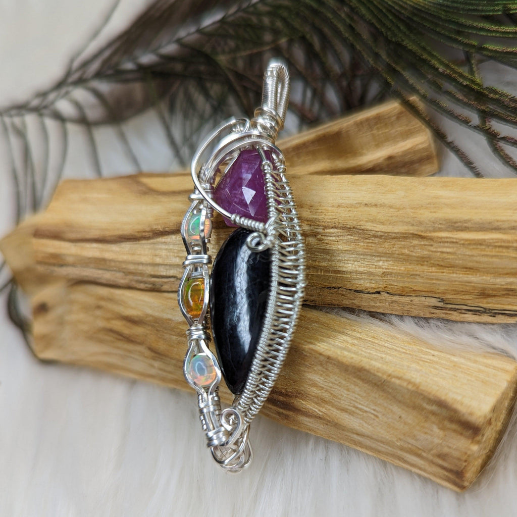 Purperite Wire Wrap with Ruby and Opal Accents ~ Silver Chain Included - Earth Family Crystals