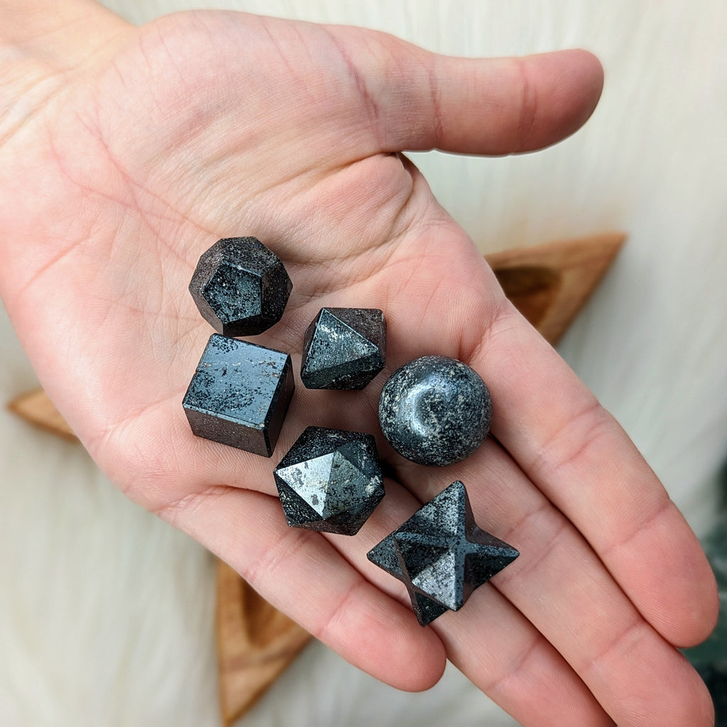 Sacred Geometry (Platonic solids) Hematite~  7 Shape Crystal Set - Earth Family Crystals
