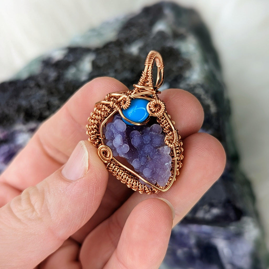 Grape Agate with Turquoise accents~ Copper Wire Wrapped Pendant~ Includes Chain - Earth Family Crystals