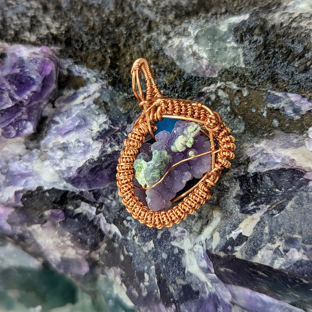 Grape Agate with Turquoise accents~ Copper Wire Wrapped Pendant~ Includes Chain - Earth Family Crystals