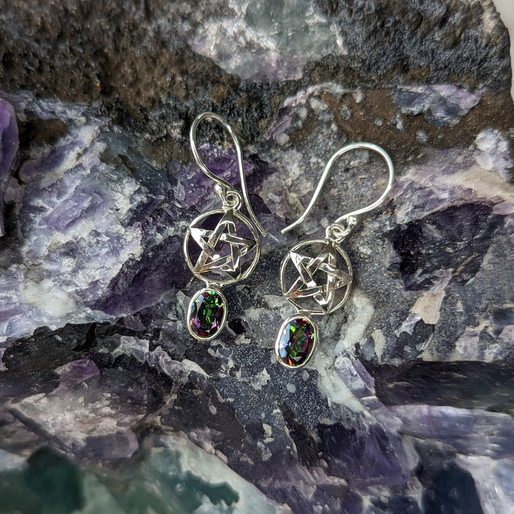 Mystic Topaz with Pentagram Design Sterling Silver Earrings - Earth Family Crystals