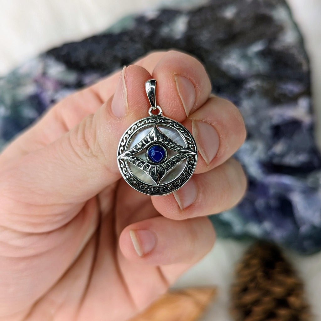 Evil Eye Pendant with Mother of Pearl Shell ~ Sterling Silver Pendant with Silver Chain Included - Earth Family Crystals