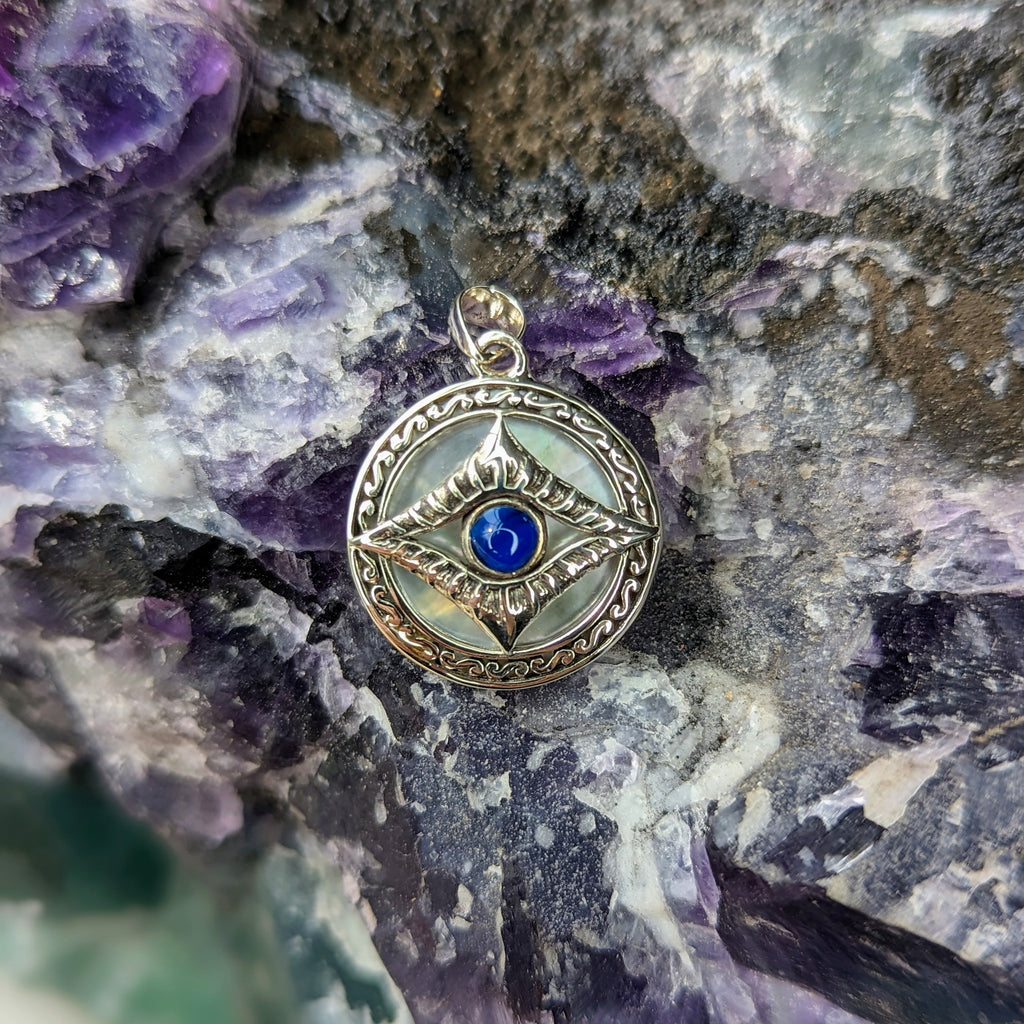 Evil Eye Pendant with Mother of Pearl Shell ~ Sterling Silver Pendant with Silver Chain Included - Earth Family Crystals