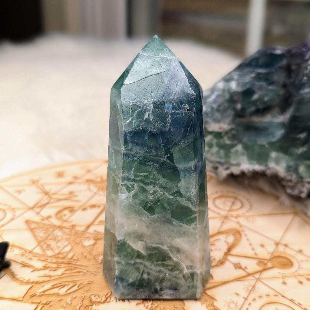 Rainbow Flourite Obelisk Carving ~Energy Generator~  Vibrant Greens and Blues - Earth Family Crystals