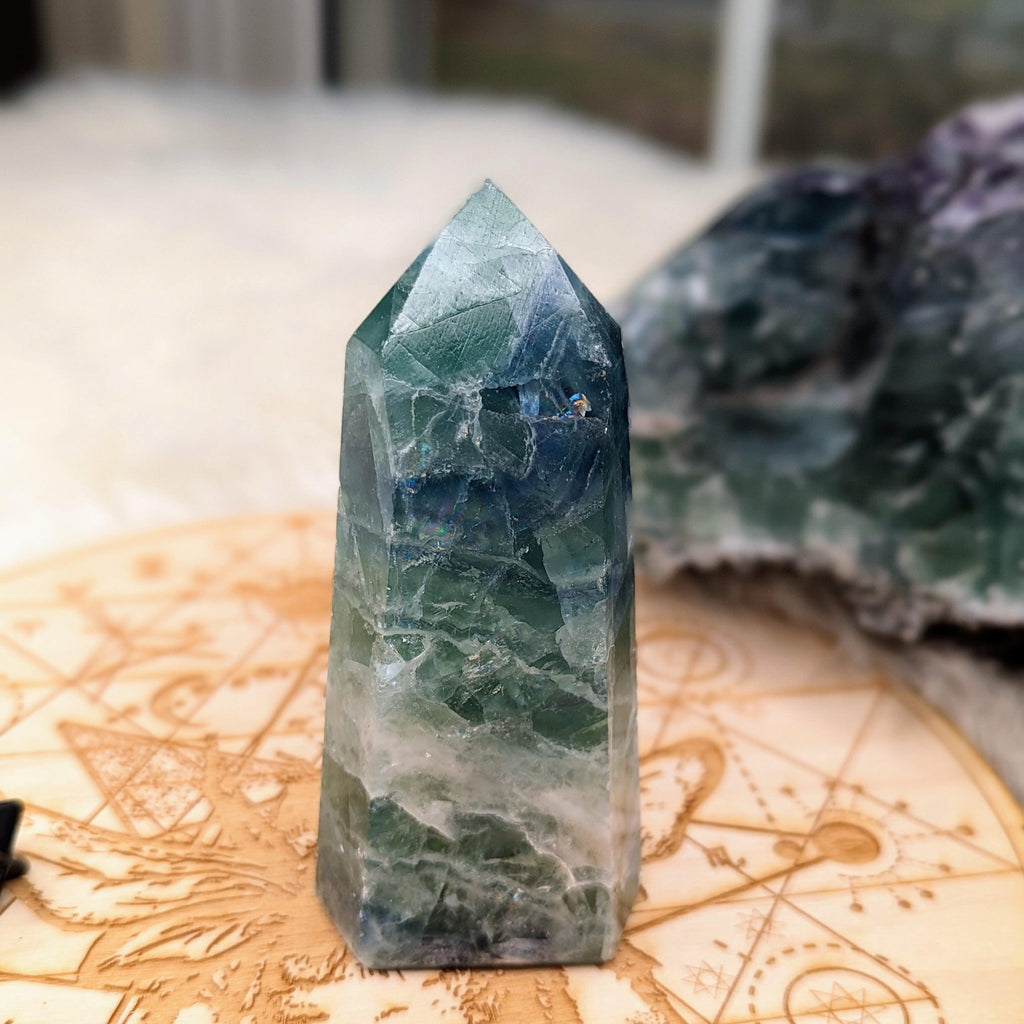 Rainbow Flourite Obelisk Carving ~Energy Generator~  Vibrant Greens and Blues - Earth Family Crystals