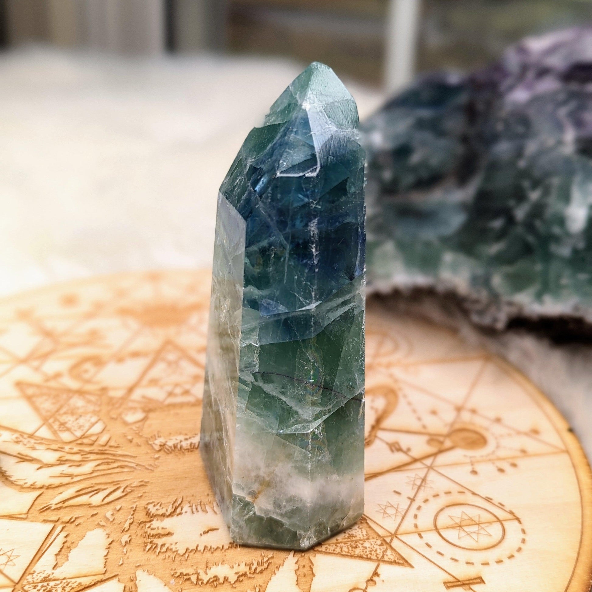 Rainbow Flourite Obelisk Carving ~Energy Generator~  Vibrant Greens and Blues - Earth Family Crystals