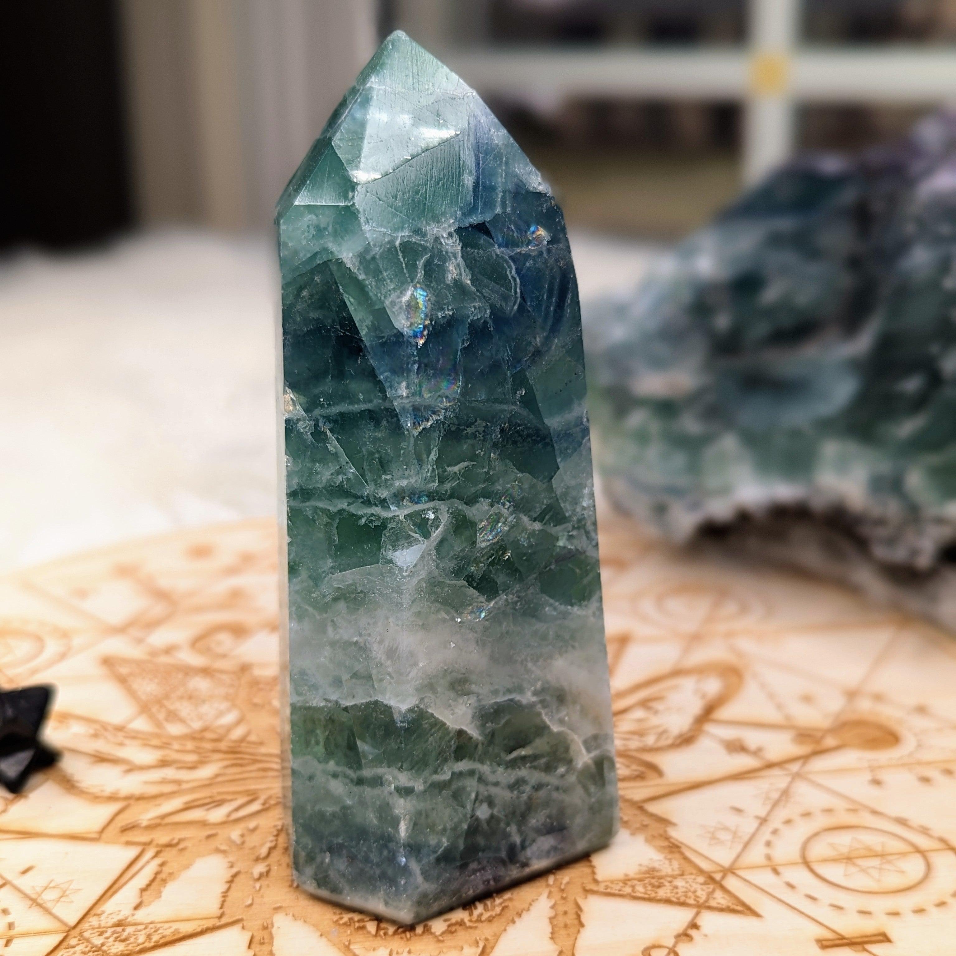 Rainbow Flourite Obelisk Carving ~Energy Generator~  Vibrant Greens and Blues - Earth Family Crystals