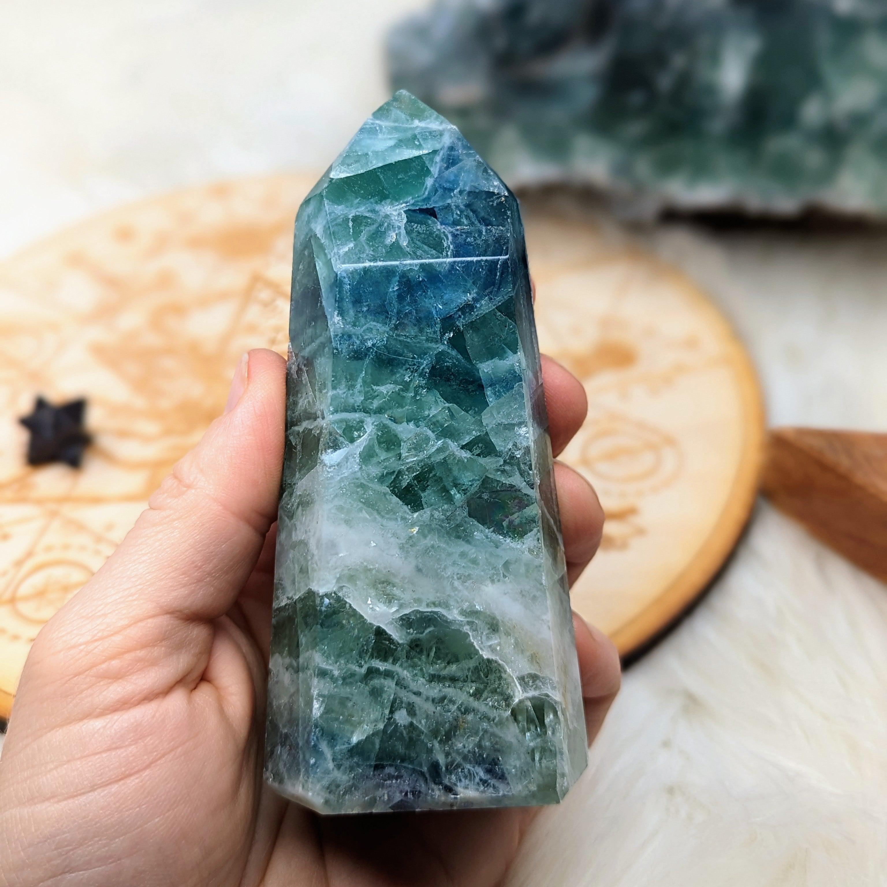Rainbow Flourite Obelisk Carving ~Energy Generator~  Vibrant Greens and Blues - Earth Family Crystals