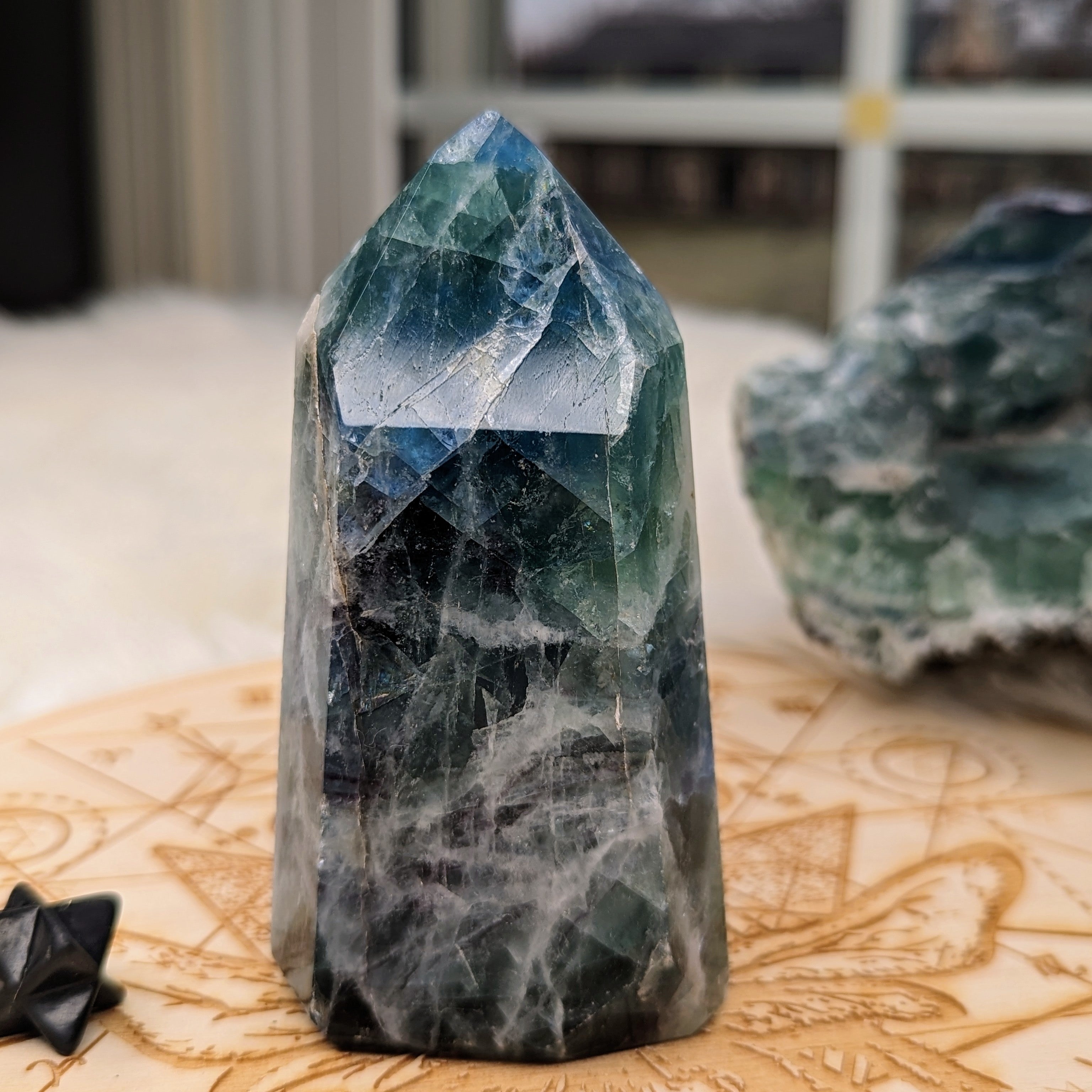 Rainbow Flourite Obelisk Carving ~Display Generator ~  Vibrant Greens and Blues - Earth Family Crystals