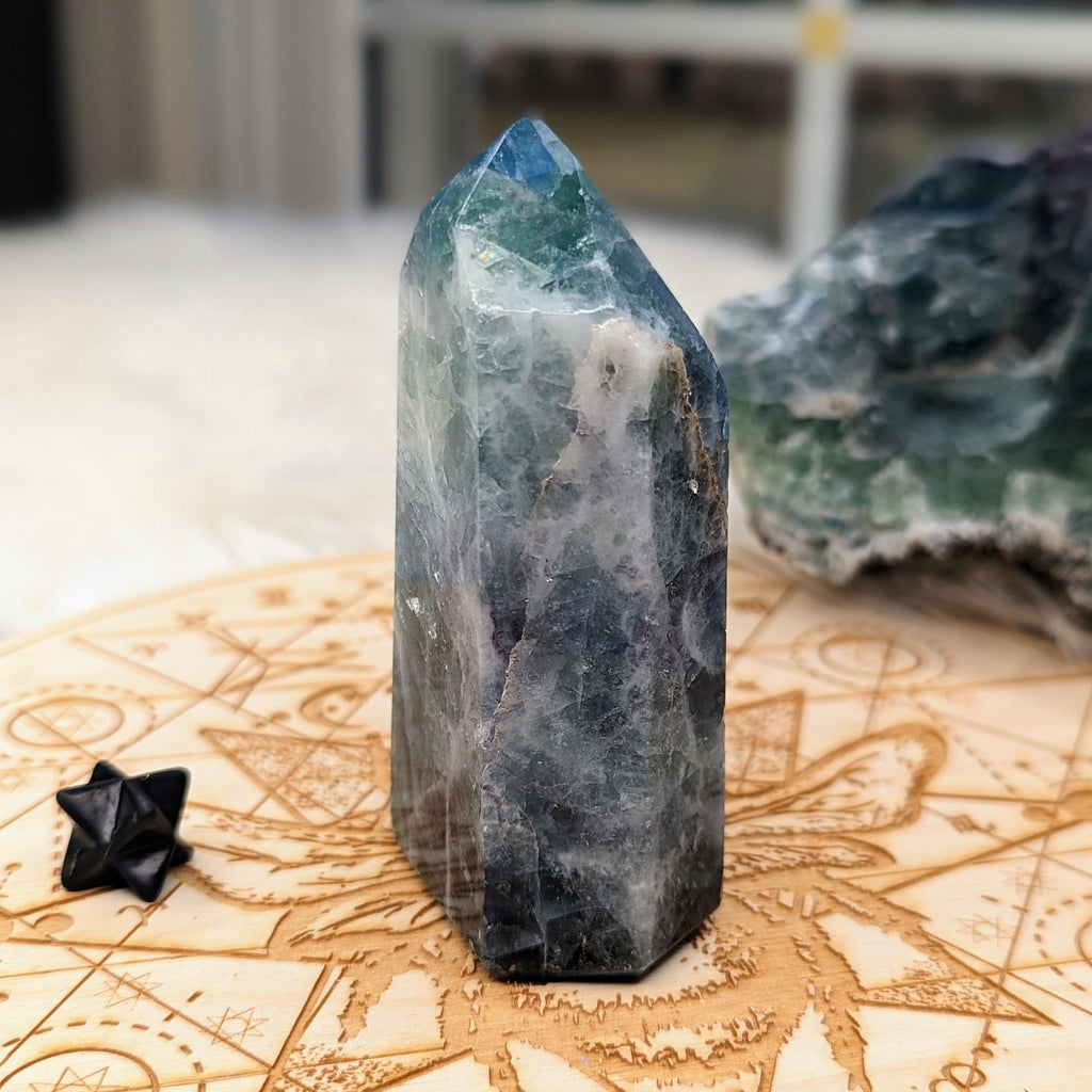 Rainbow Flourite Obelisk Carving ~Display Generator ~  Vibrant Greens and Blues - Earth Family Crystals