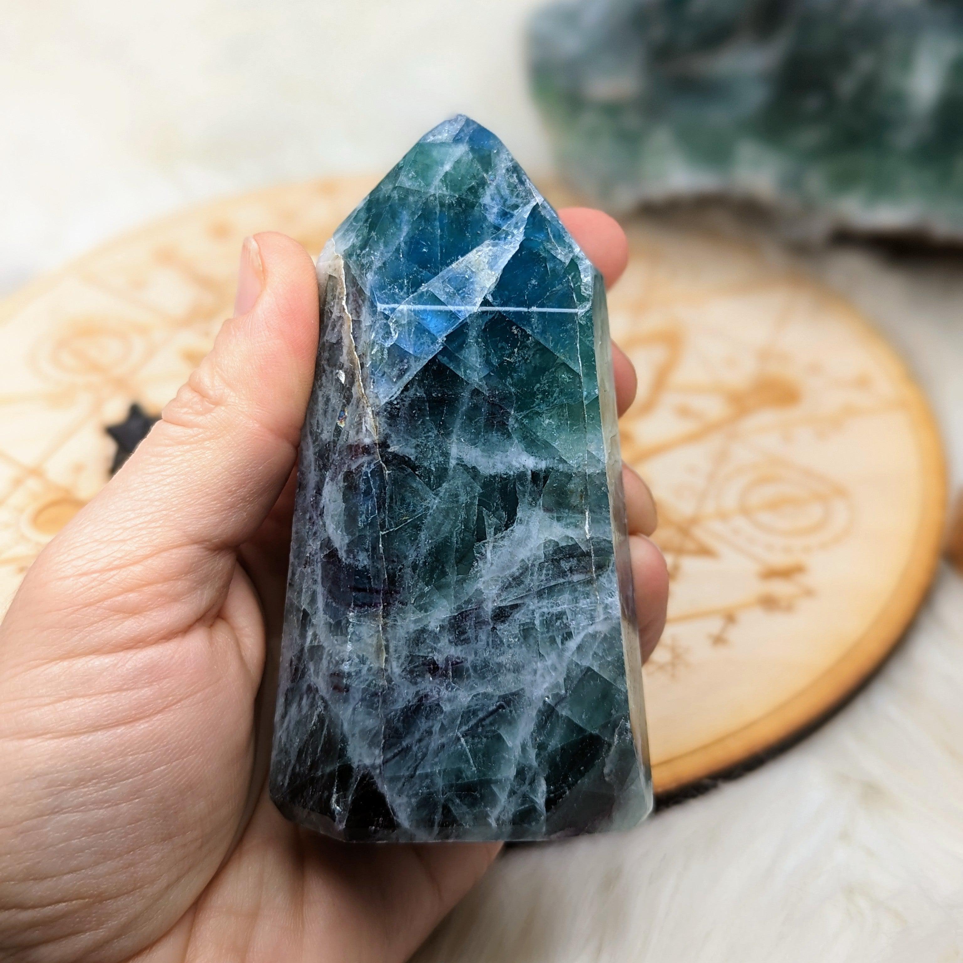 Rainbow Flourite Obelisk Carving ~Display Generator ~  Vibrant Greens and Blues - Earth Family Crystals