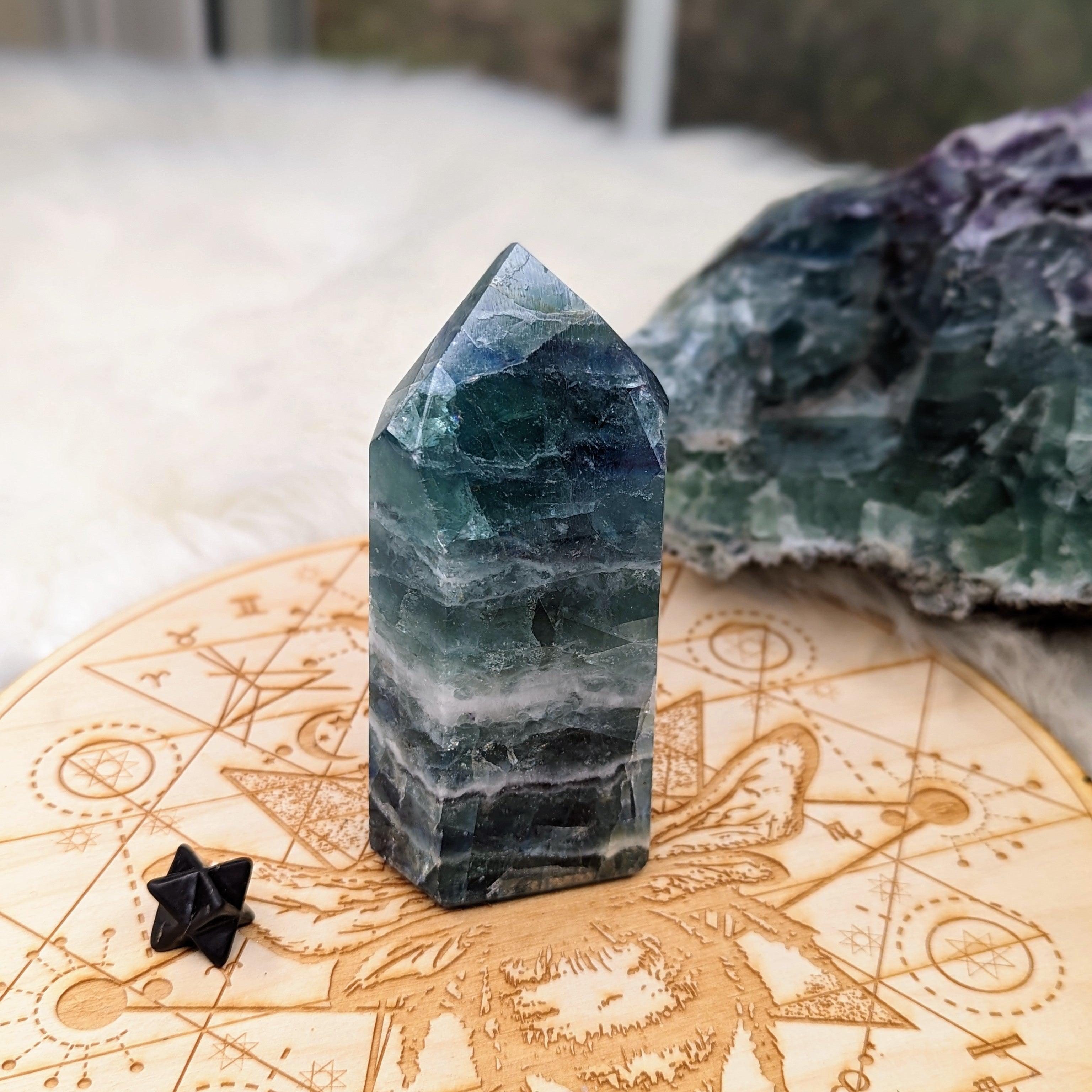 Rainbow Flourite Obelisk Carving with Rainbow Inclusions ~Energy Generator~  Vibrant Greens and Blues - Earth Family Crystals